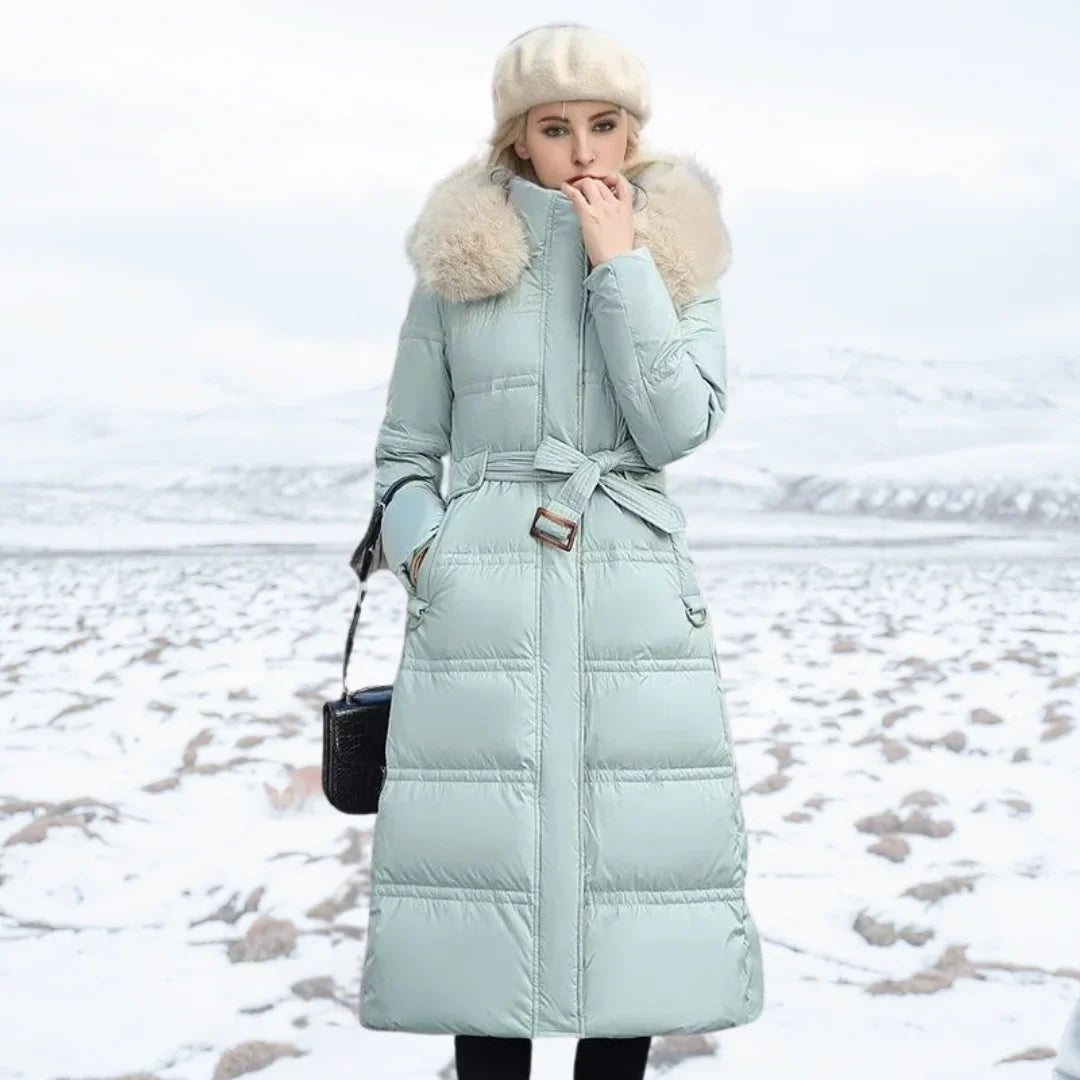 Designer winter parka with fur hood in Blue and White