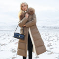 Designer winter parka with fur hood in Brown