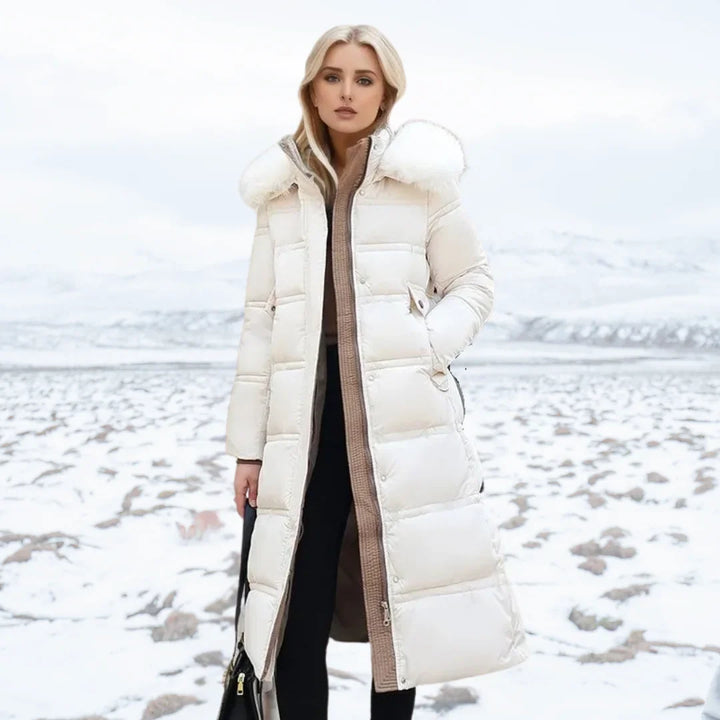Designer winter parka with fur hood in White