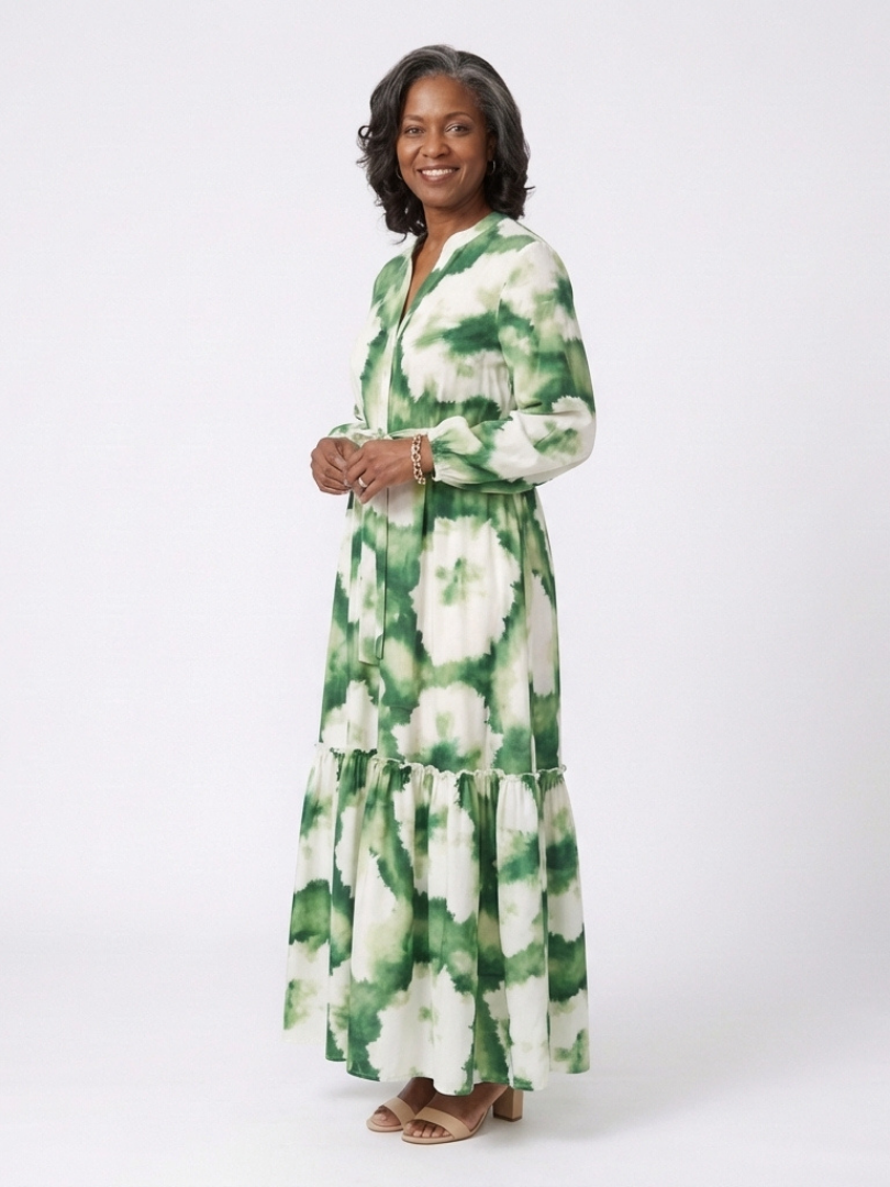 Sabine | Robe longue étagée à manches longues et taille nouée
