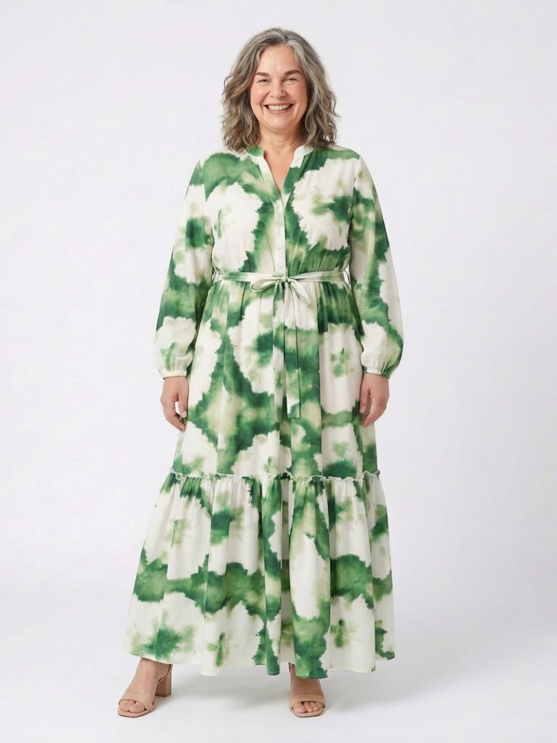 Sabine | Robe longue étagée à manches longues et taille nouée