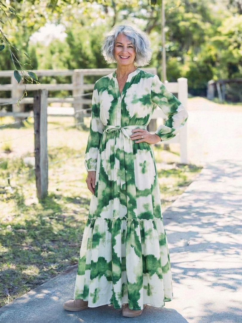 Sabine | Robe longue étagée à manches longues et taille nouée