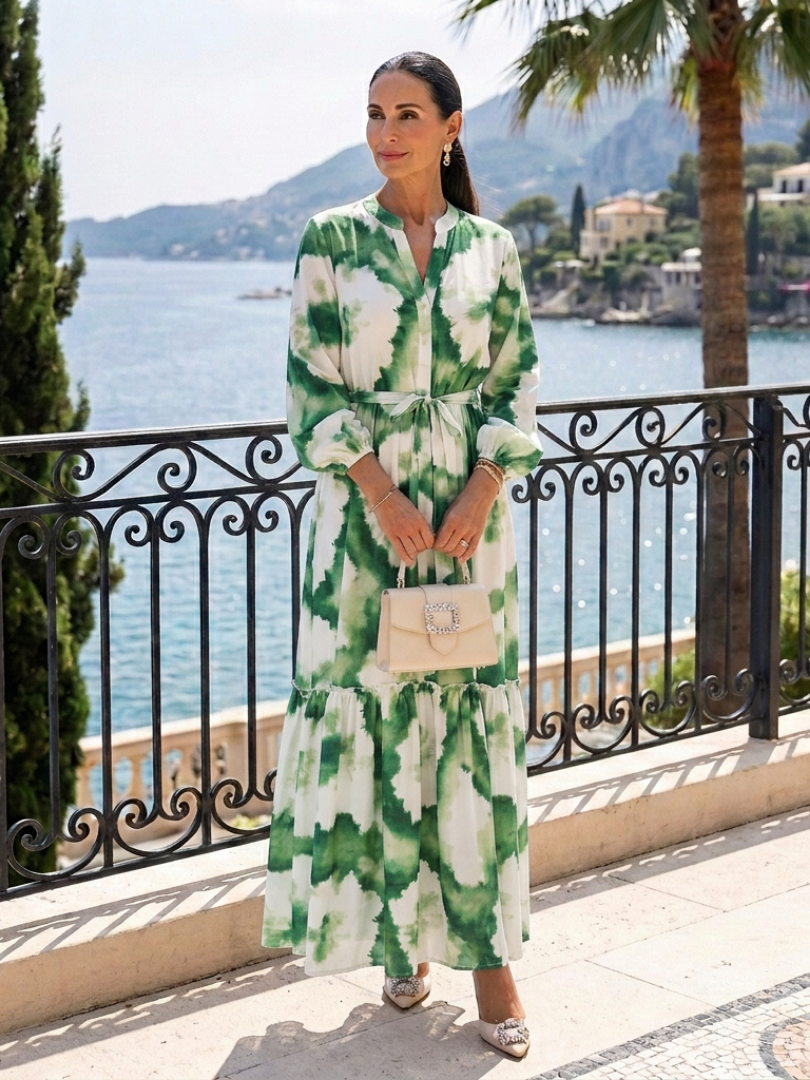 Sabine | Robe longue étagée à manches longues et taille nouée