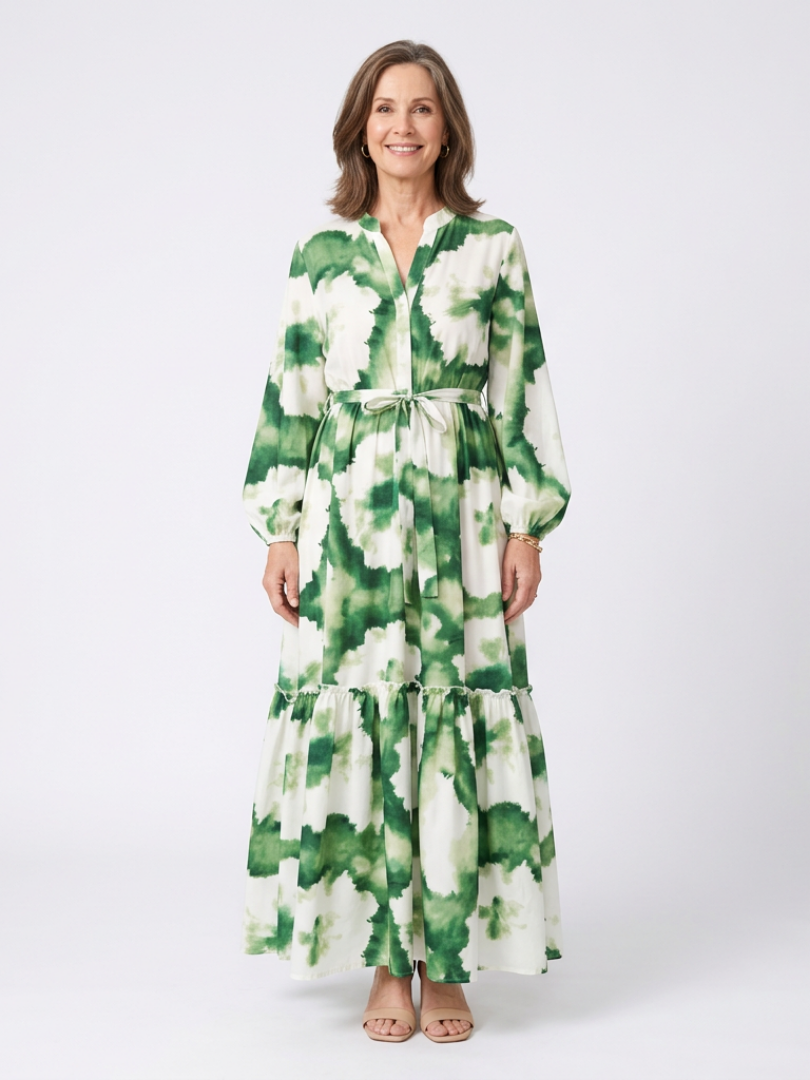 Sabine | Robe longue étagée à manches longues et taille nouée