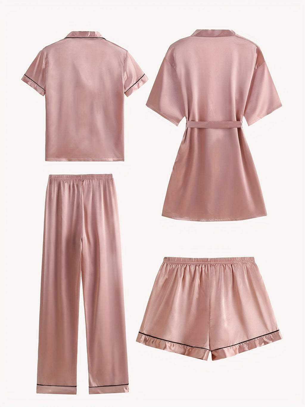 Juliette | 4-delige satijnen pyjamaset met effen print, halflange mouwen en badjas