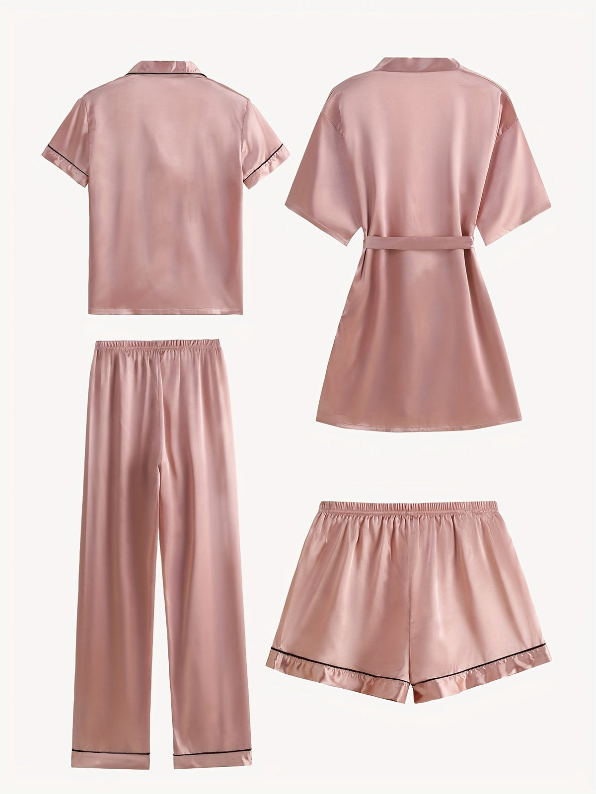 Juliette | 4-delige satijnen pyjamaset met effen print, halflange mouwen en badjas