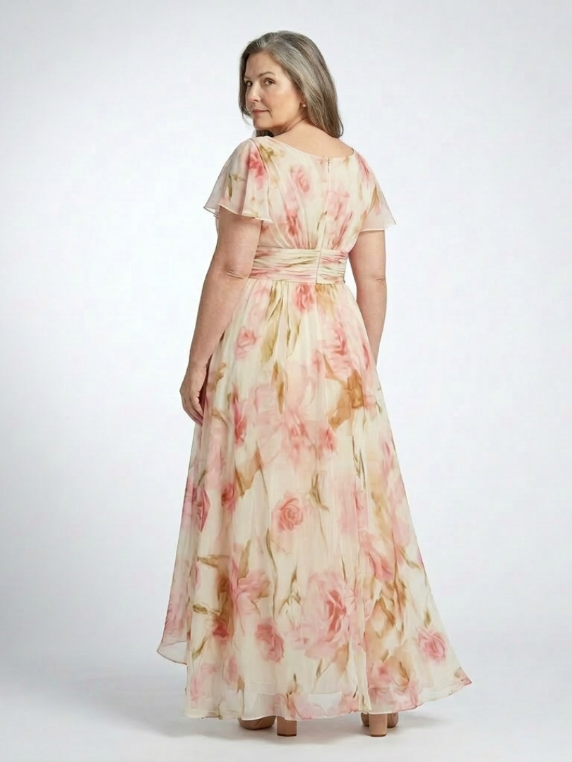 Elara | Maxi-jurk met V-hals, korte mouwen en bloemenprint