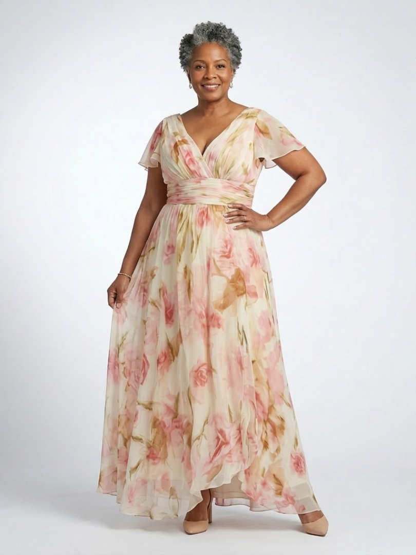 Elara | Maxi-jurk met V-hals, korte mouwen en bloemenprint