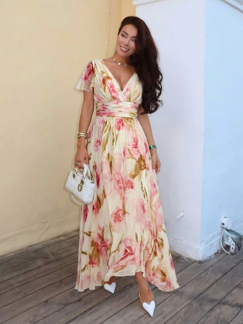 Elara | Maxi-jurk met V-hals, korte mouwen en bloemenprint