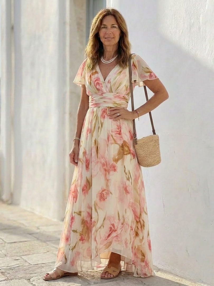 Elara | Maxi-jurk met V-hals, korte mouwen en bloemenprint