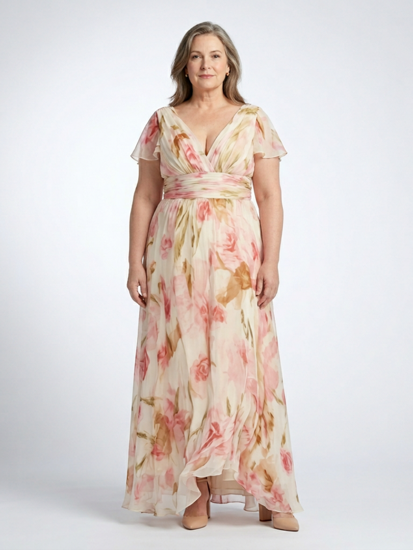 Elara | Maxi-jurk met V-hals, korte mouwen en bloemenprint