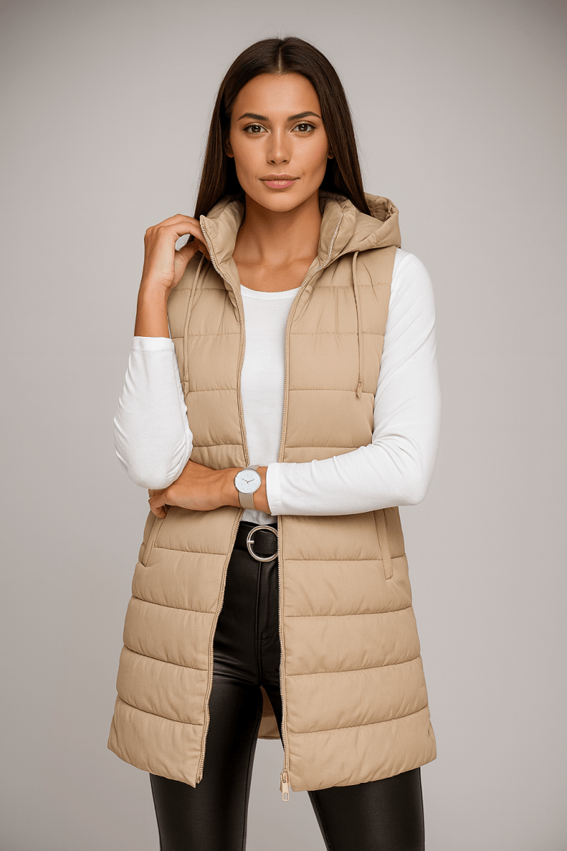 Elena | Colete puffer longo casual, sem mangas e com capuz