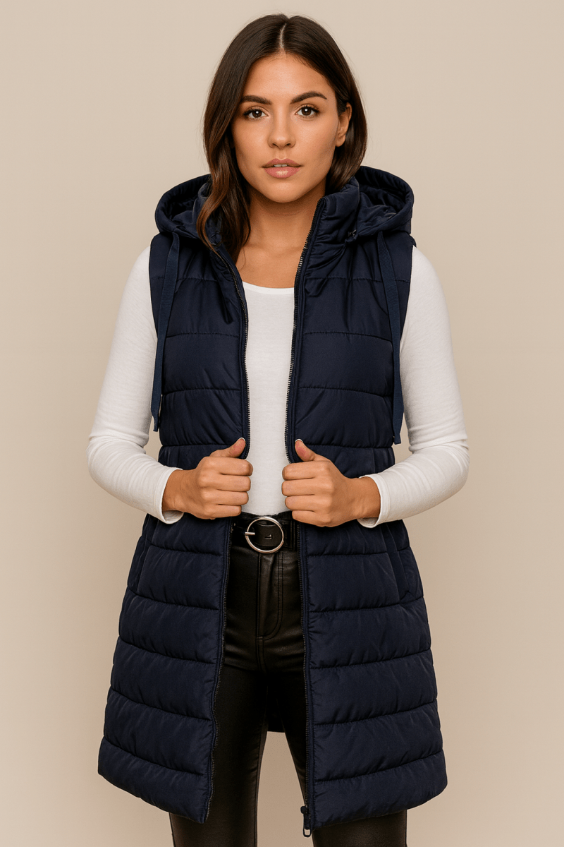 Elena | Colete puffer longo casual, sem mangas e com capuz