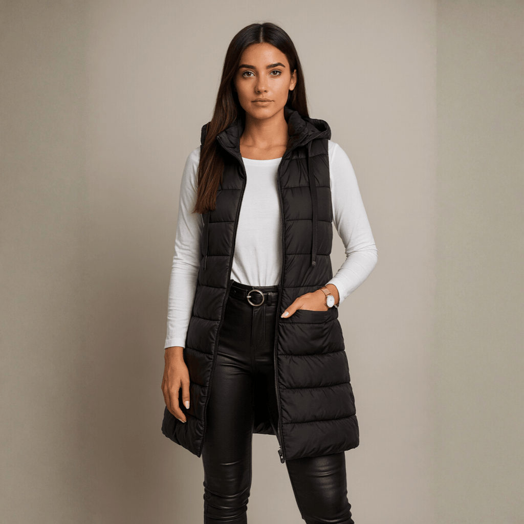 Elena | Colete puffer longo casual, sem mangas e com capuz