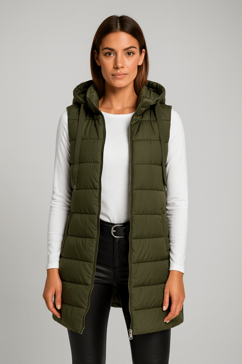 Elena | Colete puffer longo casual, sem mangas e com capuz
