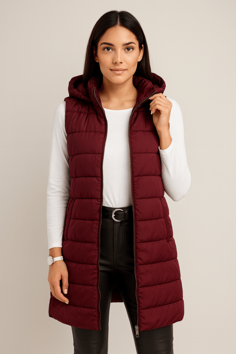 Elena | Colete puffer longo casual, sem mangas e com capuz