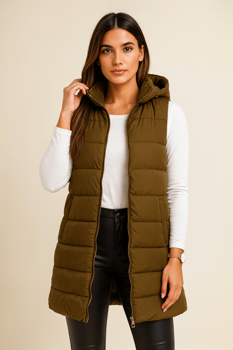 Elena | Colete puffer longo casual, sem mangas e com capuz