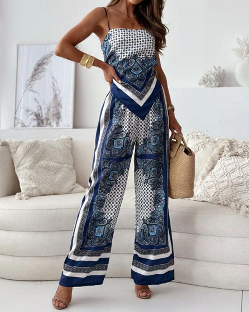 Conjunto Lila com colete estampado de amarrar e calça