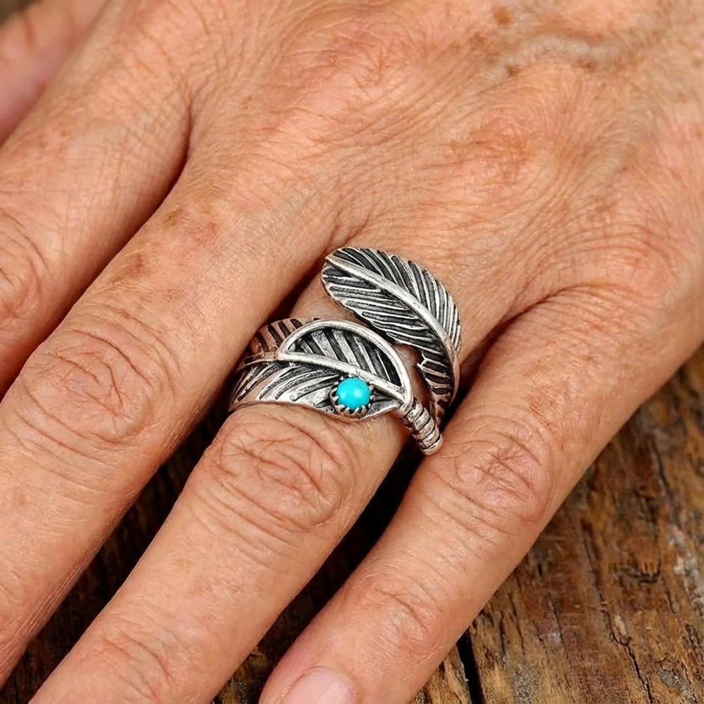 Boho Feather Turquoise Sterling Silver Ring