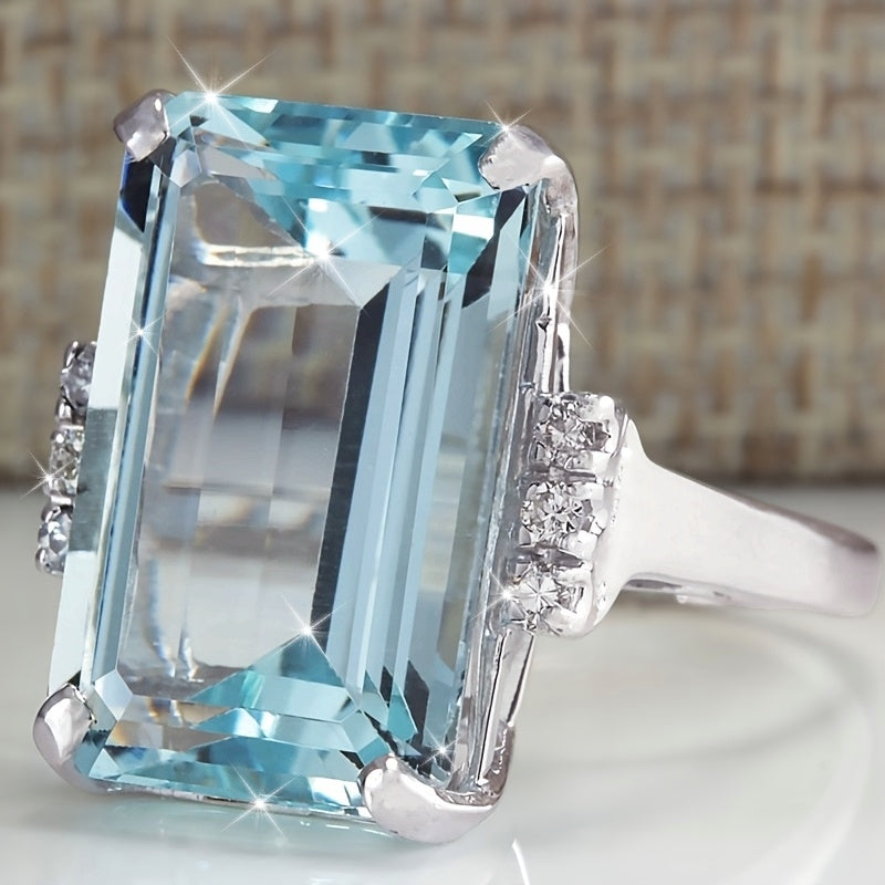 Elegant Classic 4 Prong Square Sea Blue Gemstone Ring