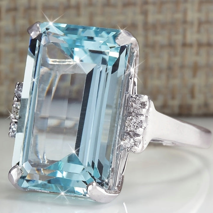 Elegant Classic 4 Prong Square Sea Blue Gemstone Ring