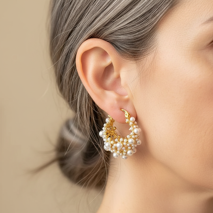 Vintage Pearl Cluster Hoop Earrings
