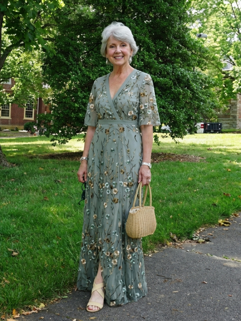 Evadne | Vestido Longo Floral com Decote em V e Mangas Curtas