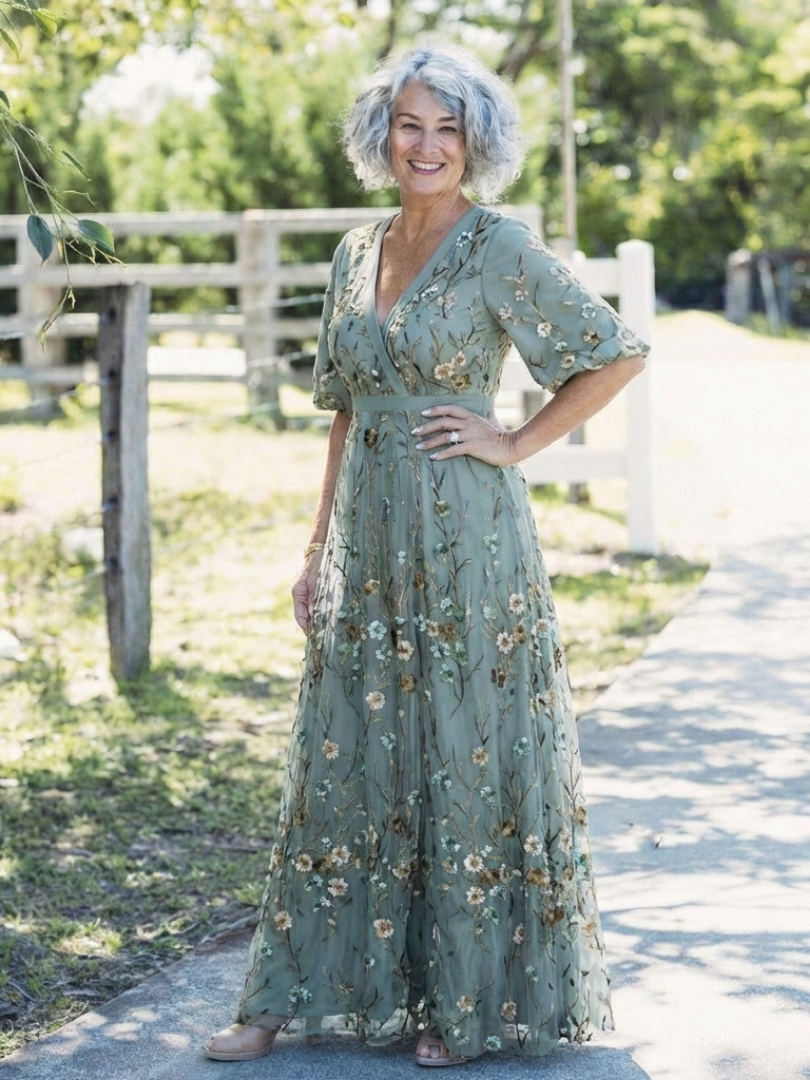 Evadne | Vestido Longo Floral com Decote em V e Mangas Curtas
