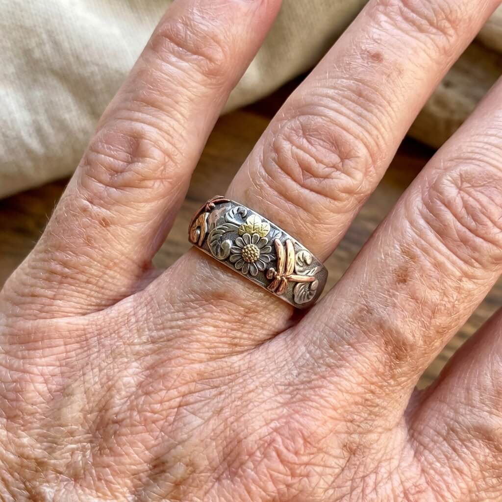 Vintage Mixed Metal Design Sunflower Dragonfly Ring