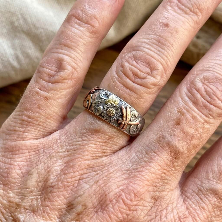 Vintage Mixed Metal Design Sunflower Dragonfly Ring