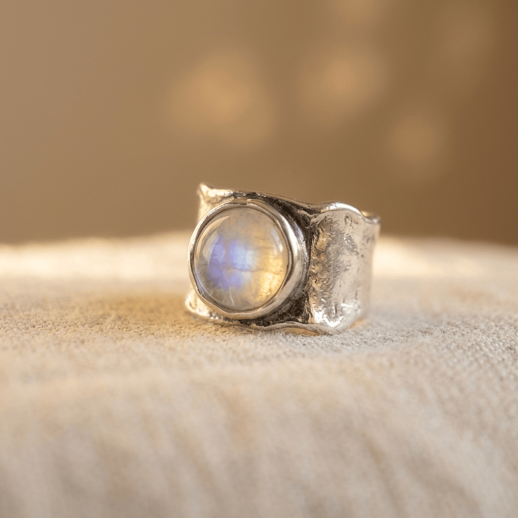 Moonstone Silver Wide Artisan Ring