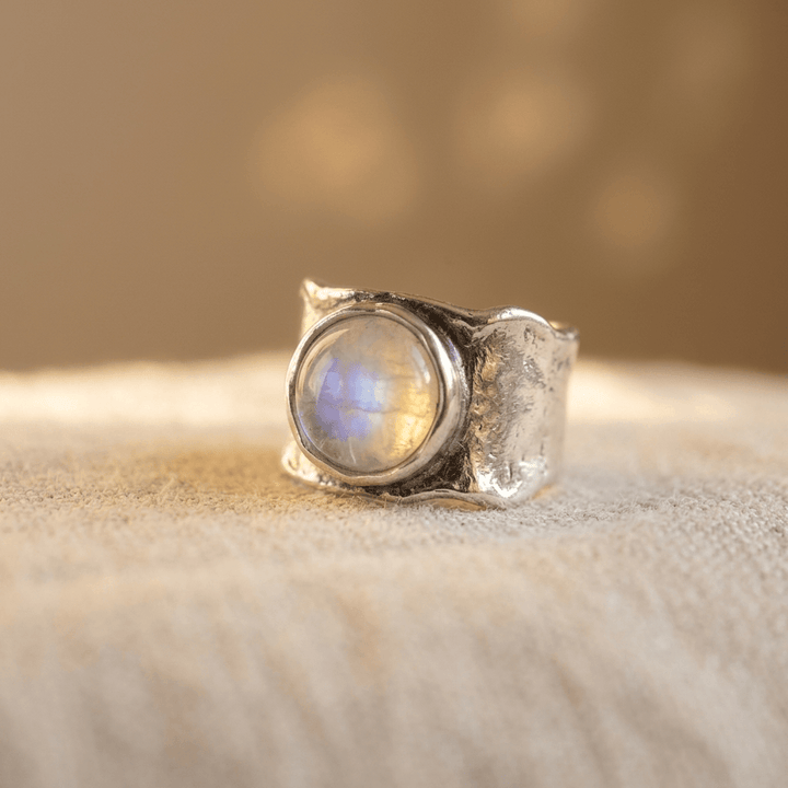 Moonstone Silver Wide Artisan Ring
