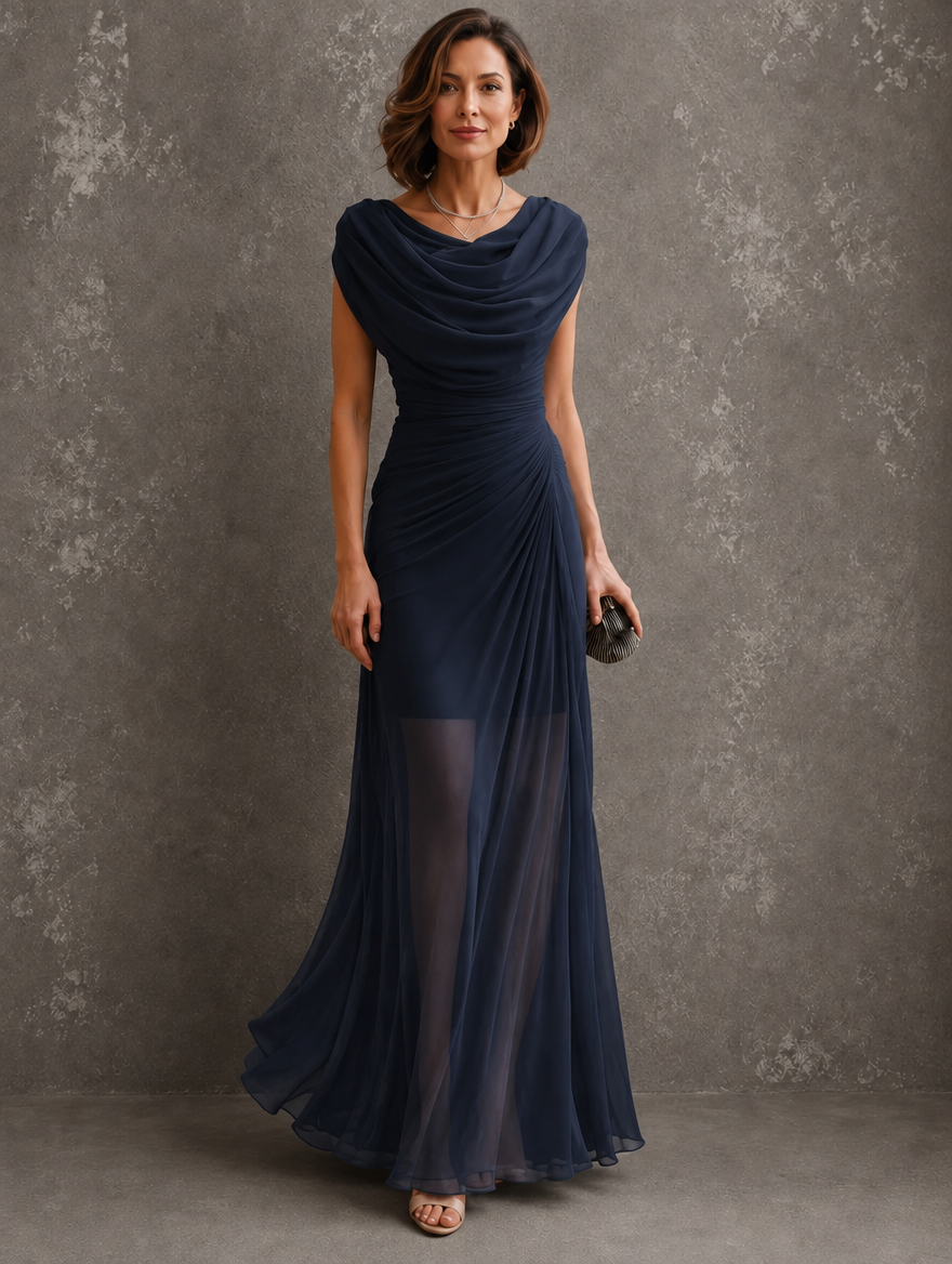 Bennett and Lowe Jilliann maxi dress in flowing fabric with a floral pattern and sleeveless design, displayed on a hanger.