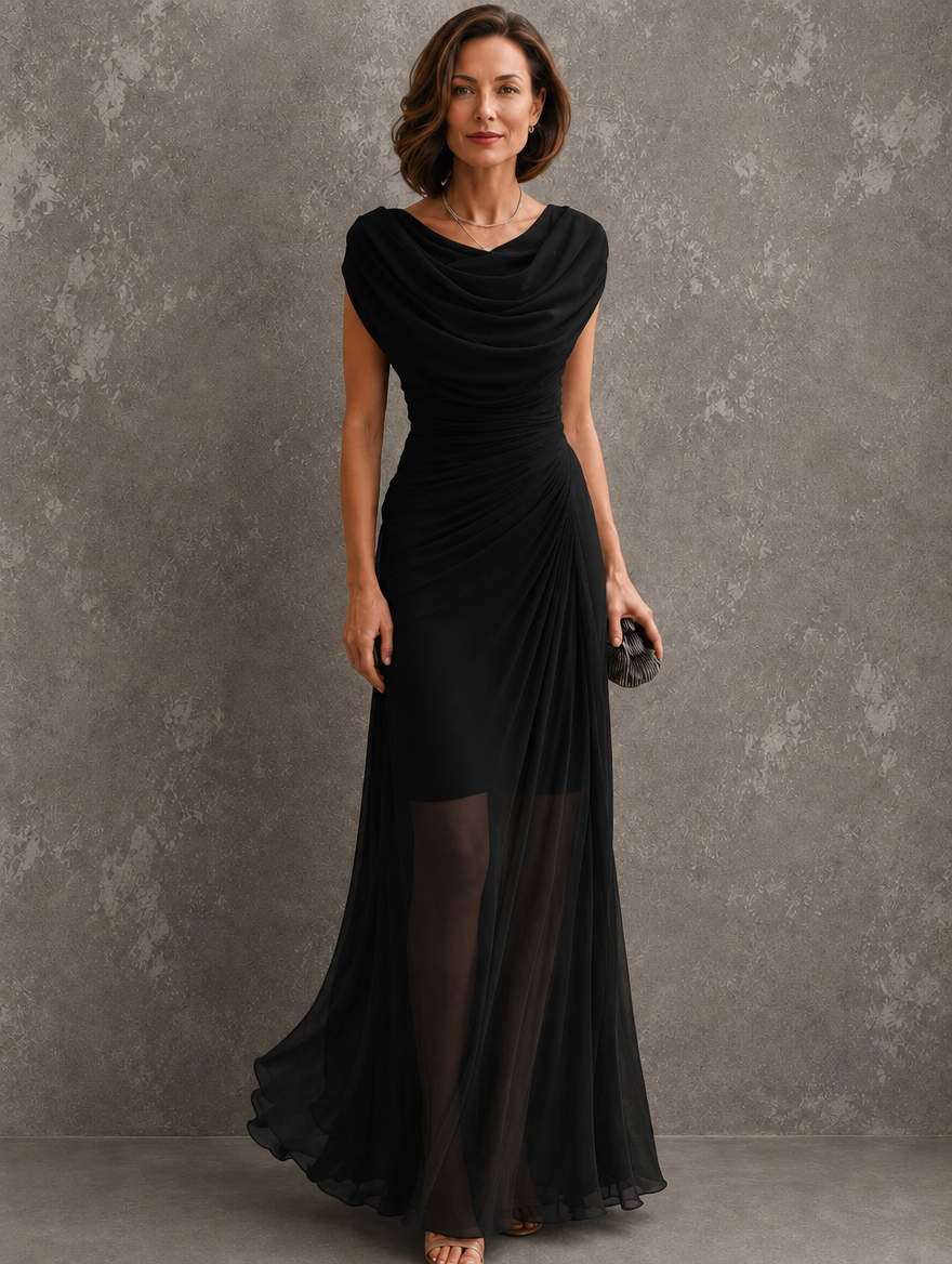 Bennett and Lowe Jilliann maxi dress in flowing fabric with a floral pattern and sleeveless design, displayed on a hanger.