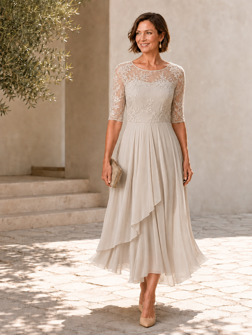 Elegant rose-colored lace midi dress with flattering fit, featuring intricate lace details and a fitted silhouette.