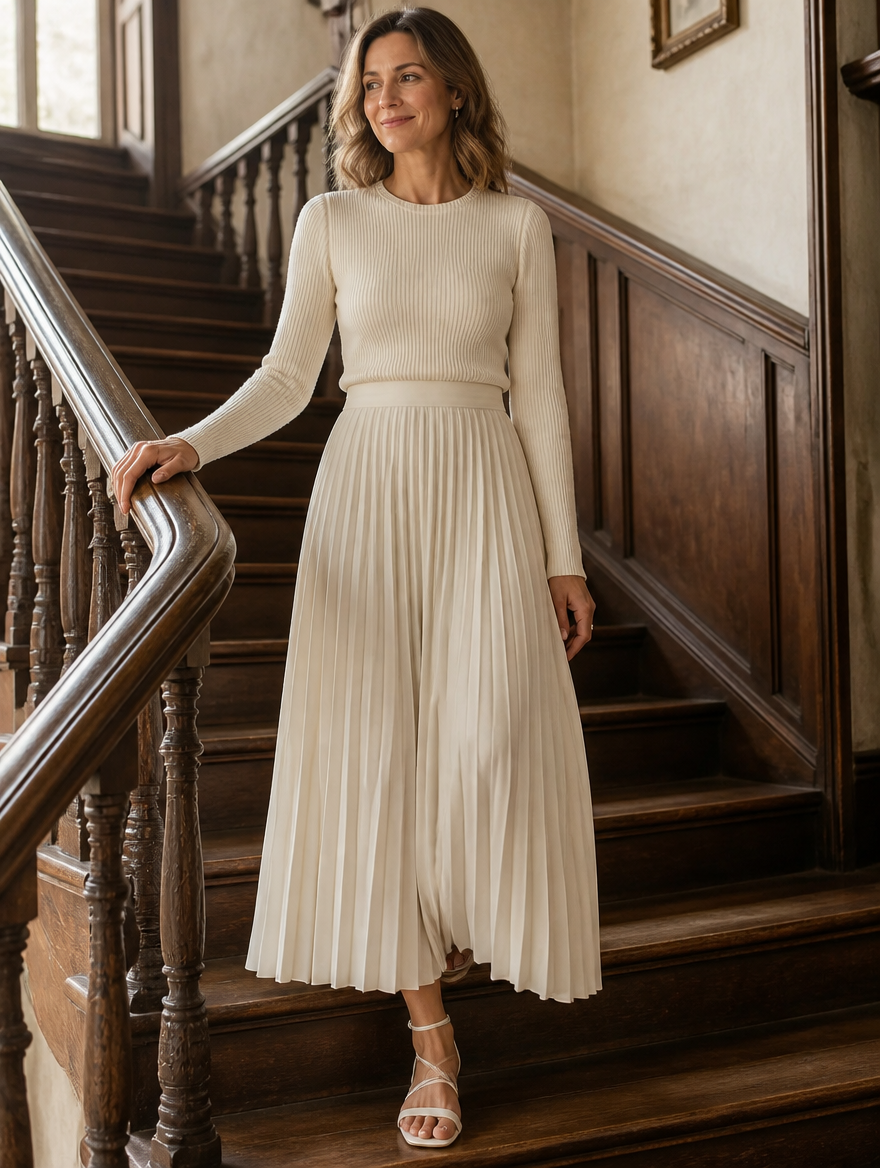 Charlotte ribbed knit top and pleated midi skirt set by Bennett and Lowe, featuring a stylish, coordinated look with textured fabric.