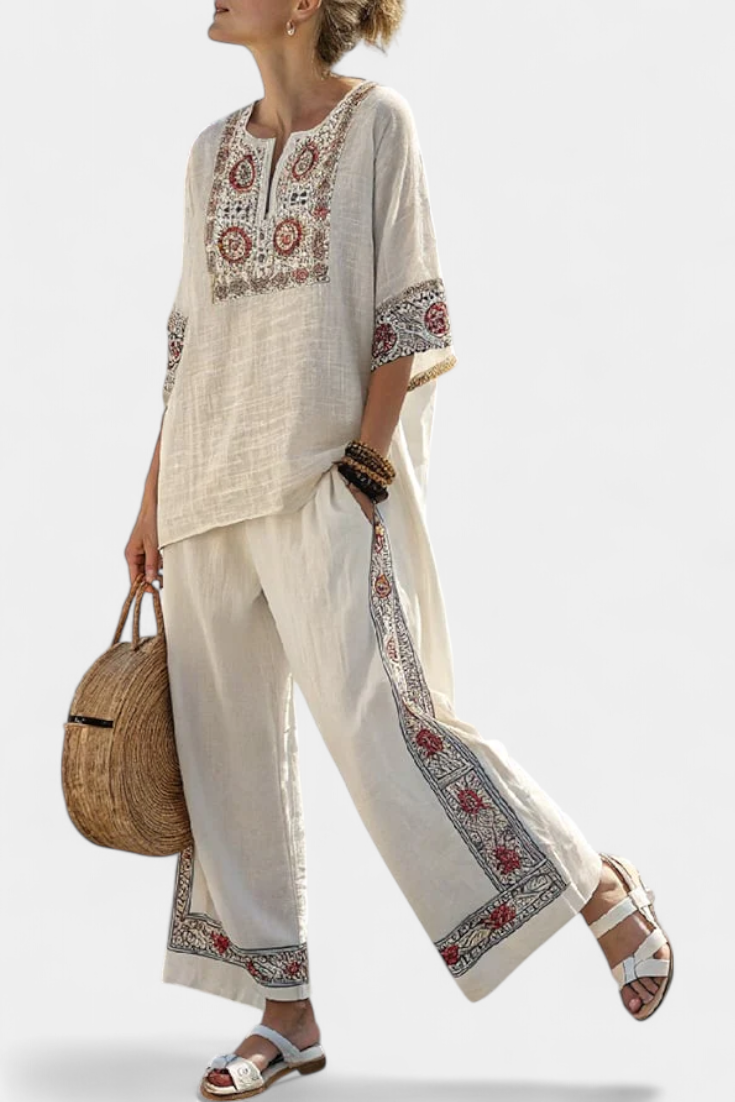 Tameric | Sophisticated Embroidered Raw Blouse & Wide Pants