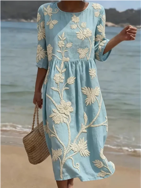 Kimberly | Vestido Midi com Estampa de Plantas e Flores
