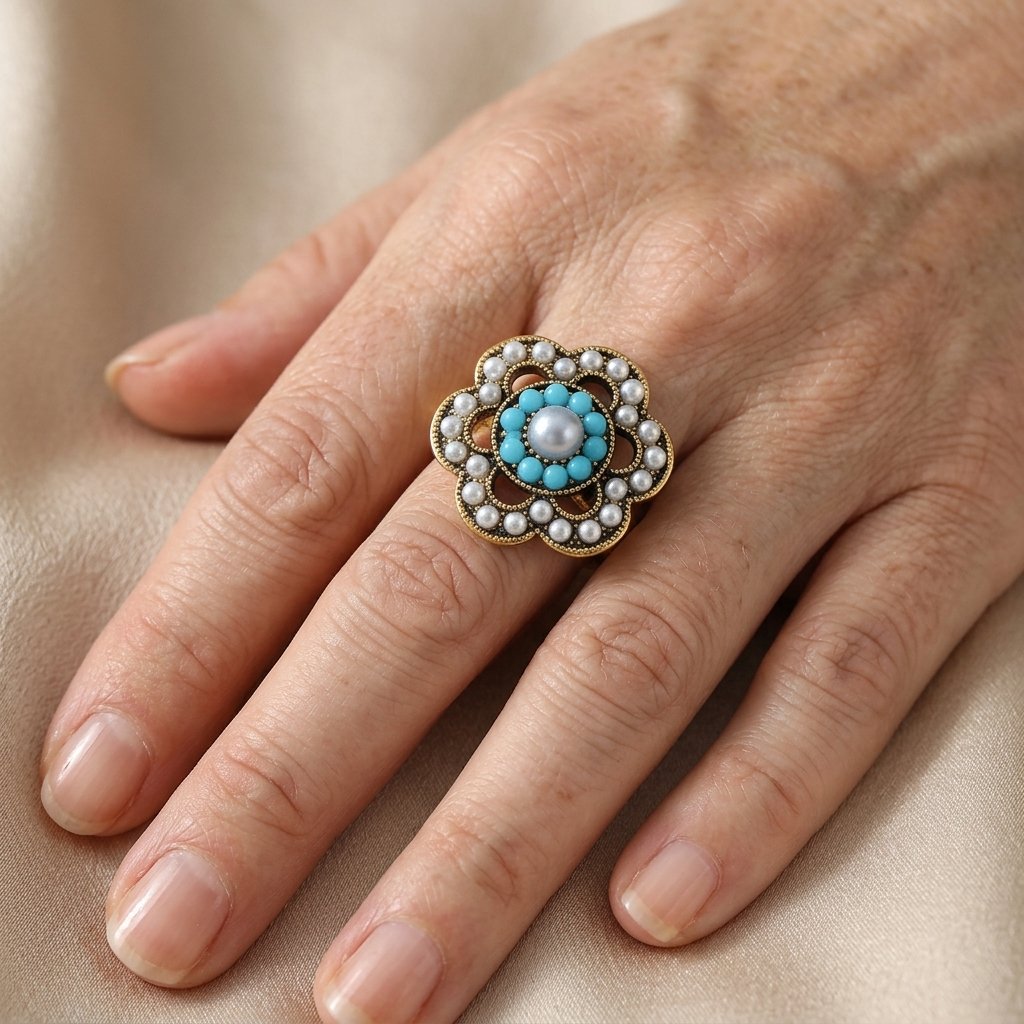Turquoise and pearl Floral Ring