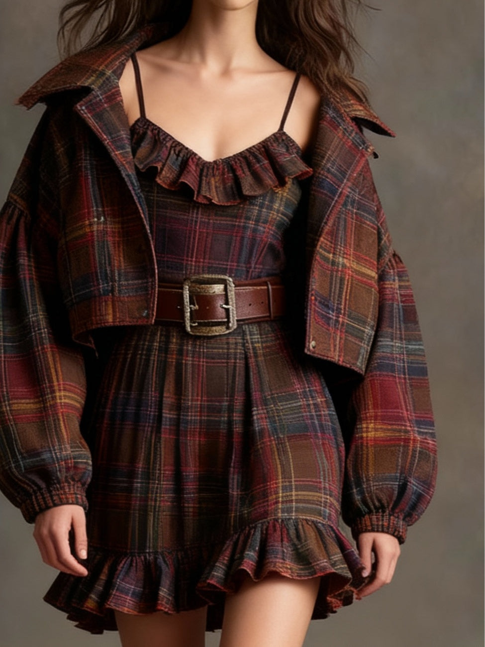 Conjunto Lila de Vestido Mini Vintage Xadrez com Babados