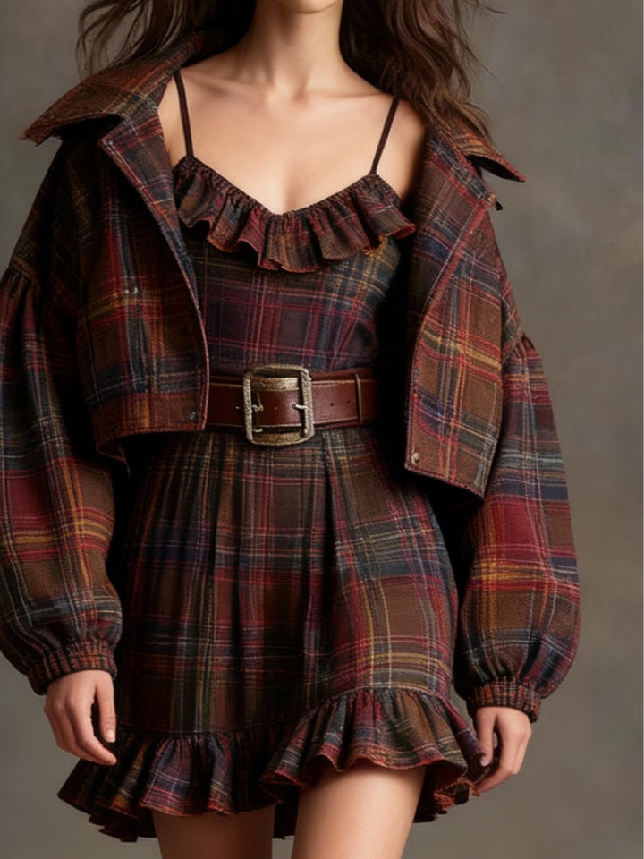 Conjunto Lila de Vestido Mini Vintage Xadrez com Babados