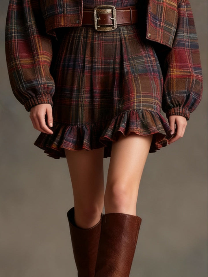 Conjunto Lila de Vestido Mini Vintage Xadrez com Babados