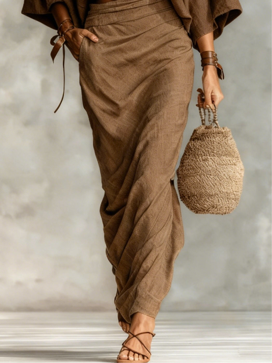 Conjunto Blusa com Mangas Morcego e Saia Longa Lila