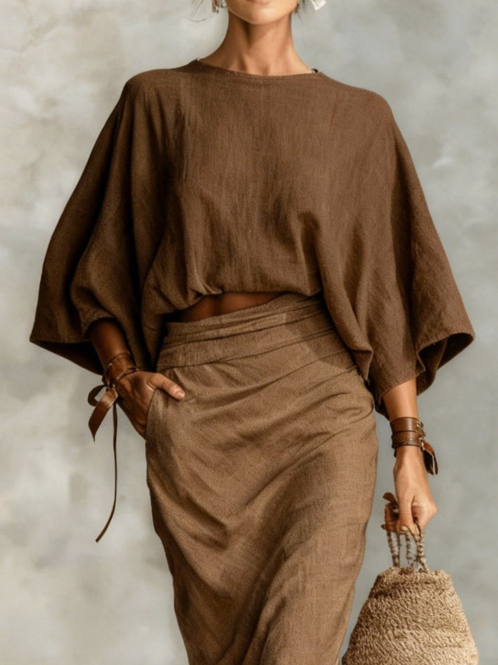 Conjunto Blusa com Mangas Morcego e Saia Longa Lila