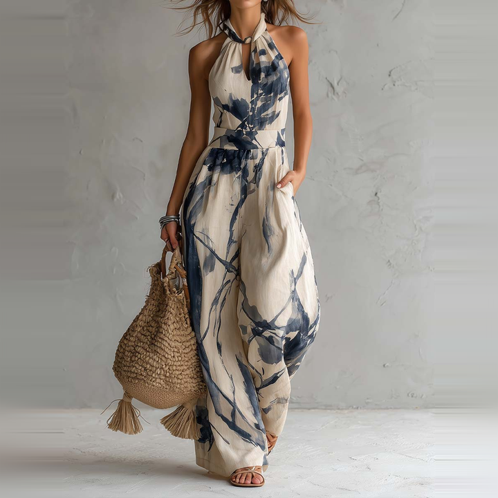 Halter Neck Ink Wash Print Wide Leg Jumpsuit With Pockets