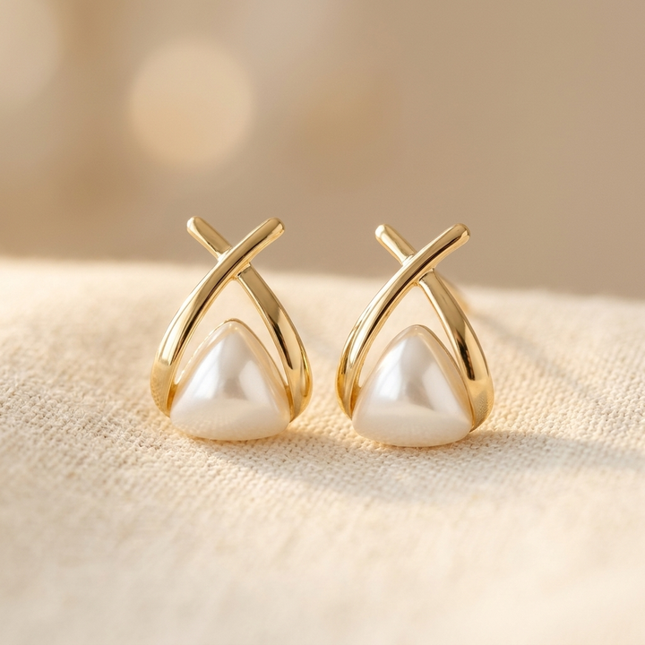 Vintage Cross Triangle Pearl Dropping Earrings