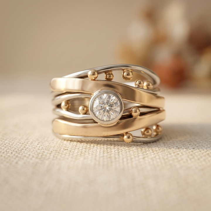 Vintage Zirconia Accent Gold Inlay Artisan Band Ring