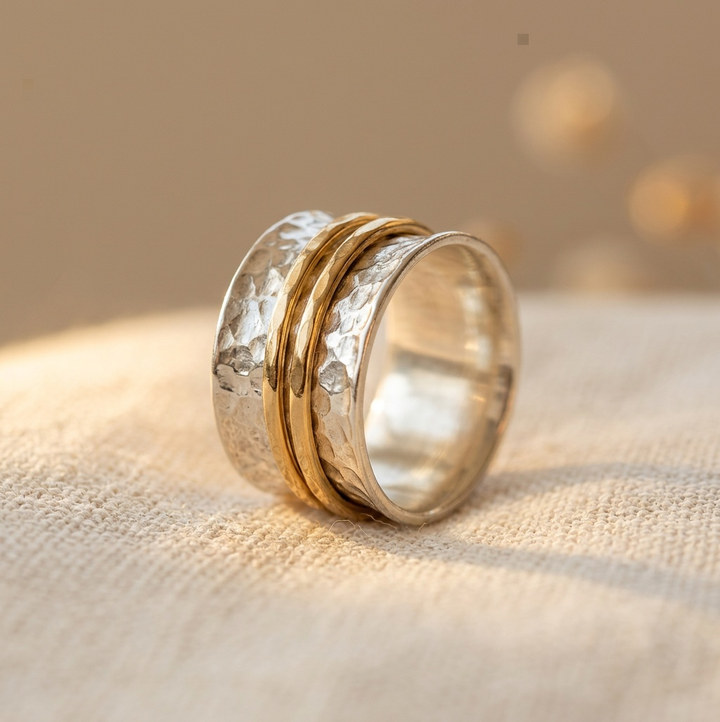 Vintage Textured Silver & Gold Band Artisan Ring