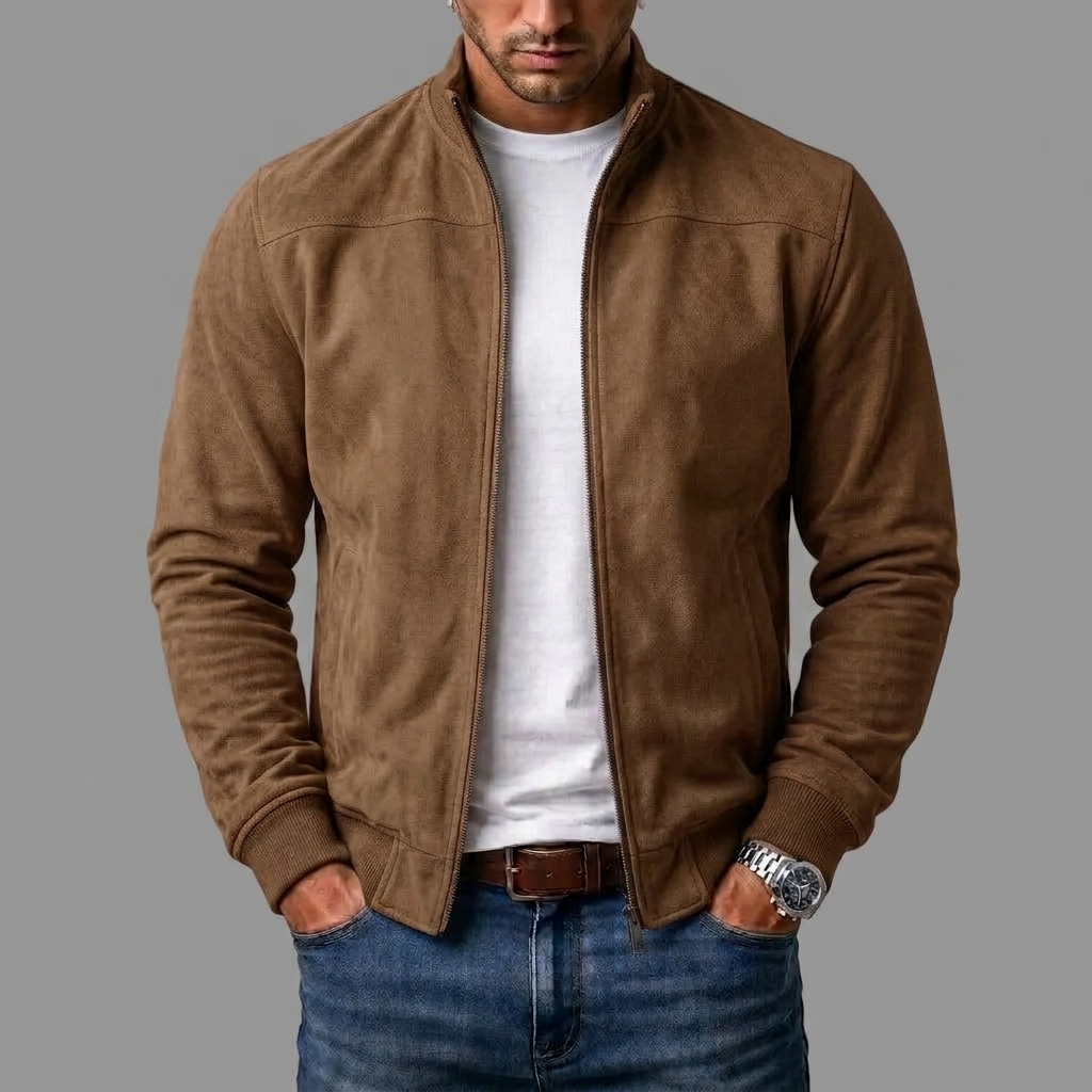 Brown suede-look zip up jacket with stand collar on a model, front view