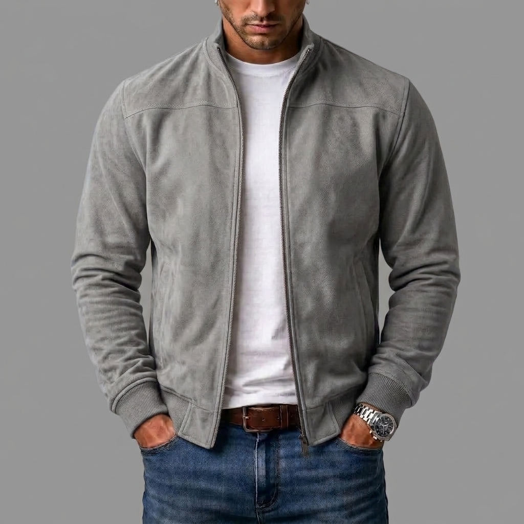 Gray zip up suede-look jacket with stand collar worn with blue jeans
